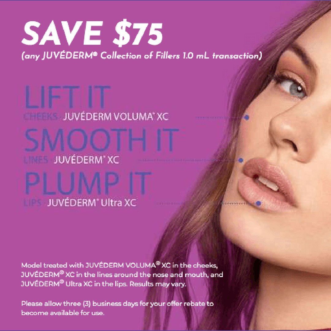 JUVÉDERM advertisement promoting savings on fillers.