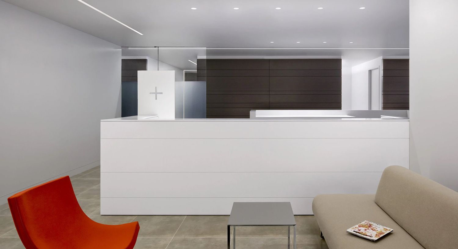 Modern reception area with minimalist design.