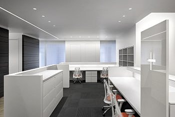 Modern, minimalist office interior design.