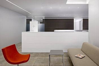 Modern reception area with minimalist furniture.